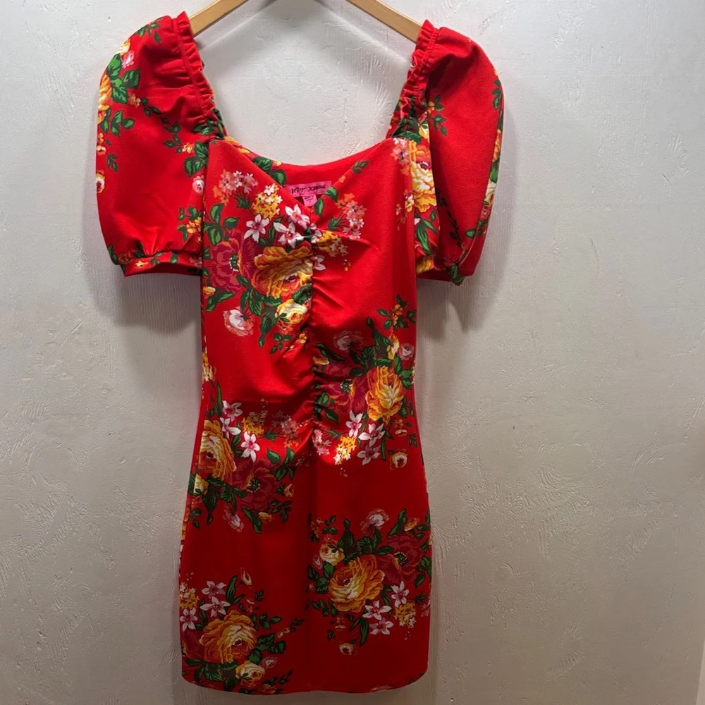 Betsey Johnson Red Fire Flower Milkmaid Mini Dress Floral Puff Sleeve Ruched Y2K - Picture 1 of 8